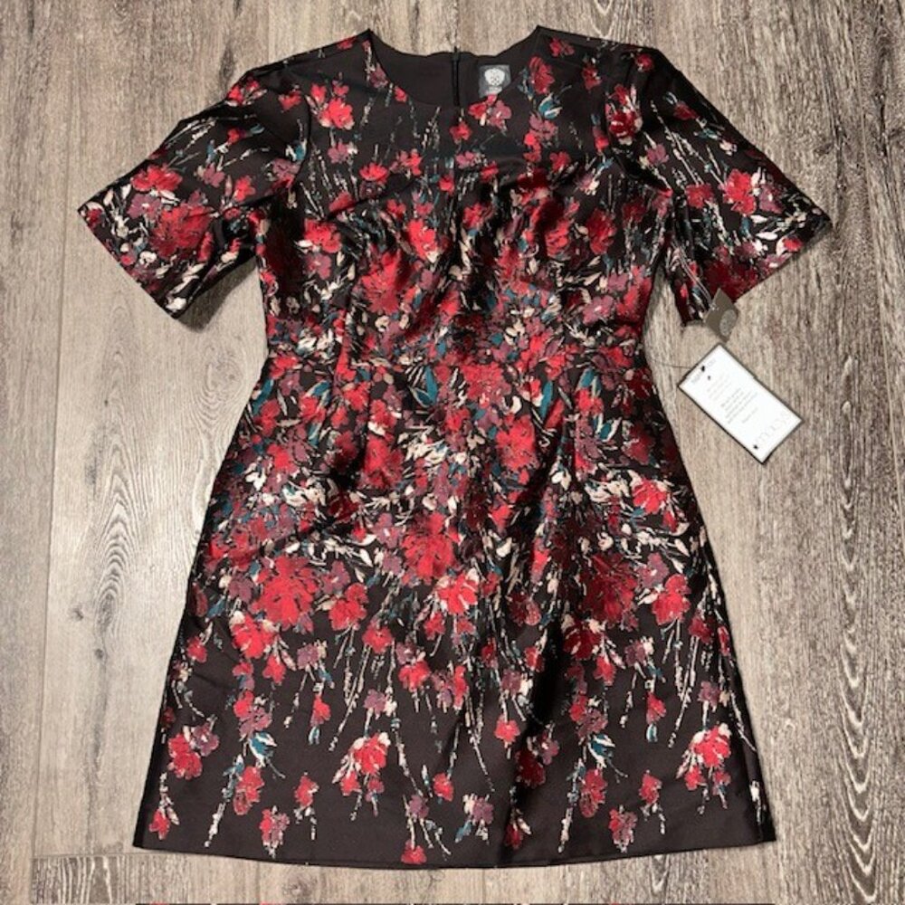 Vince Camuto Womens Floral Jacquard Short-Sleeve Dress VC4M5797 Red Multi 12 NWT - Picture 6 of 11